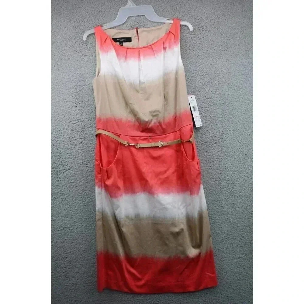 Nine West Women's Sheath Dress-Coral & Beige-NWT-Size 10-Pockets